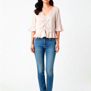 Feminine Light Pink Ruffled Ruched Top – Size S
